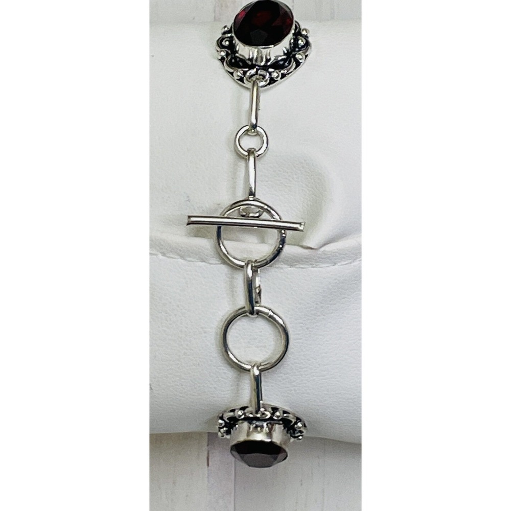 Sterling Silver Bracelet with Faceted Red Cabochons Adjustable 6.5 to 7" - Picture 4 of 9